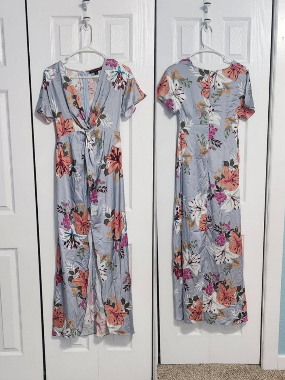 Boston Proper Satin Lilies Knot Maxi Dress Blue Floral Sequin Size 0